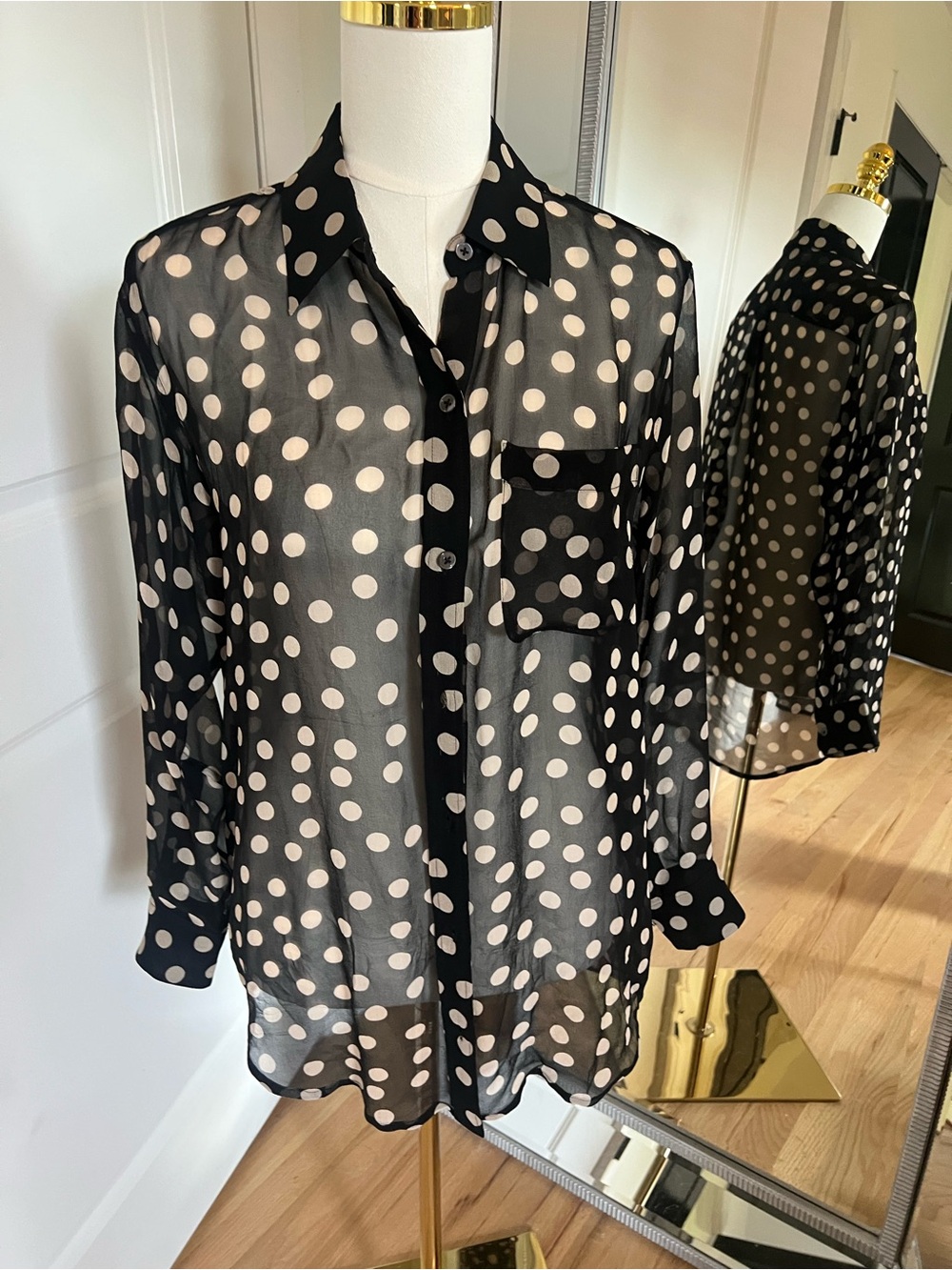 Equipment Black Sheer Silk Blouse with Cream Polka Dots